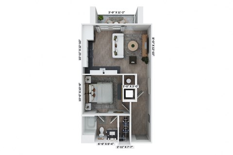 a stylized floor plan with a bedroom and a bathroom